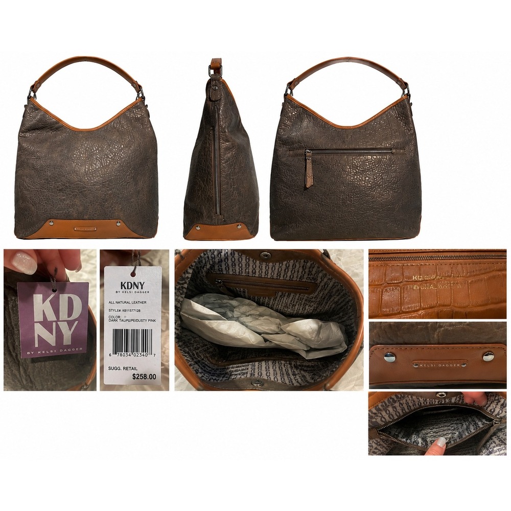 KDNY Kelsi Dagger Dark Taupe Leather Hobo Bag Dusty Pink Trim K61157712B NWT